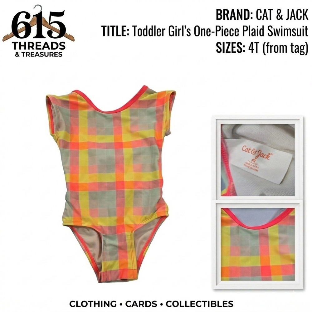 Cat & Jack Toddler Girls Plaid One Piece Swimsuit Neon Pink Orange Yellow 4T
